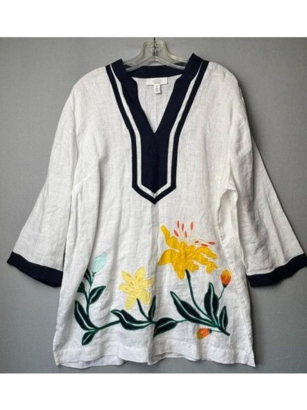Linen Charter Club Luxury Women's XL 100% Linen Tunic Top Floral Embroidered Boh